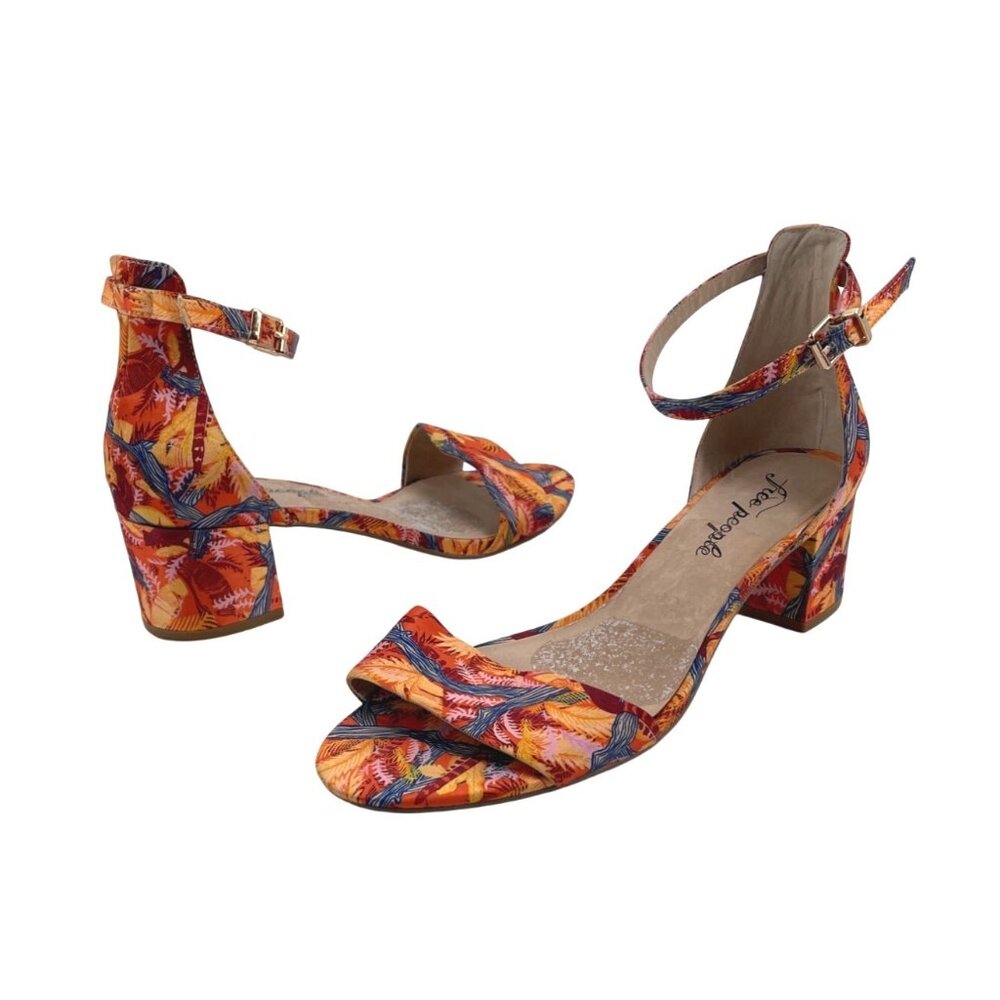 Free People Womens Size 39 Block Heel Sandals Tropical Floral Ankle Strap